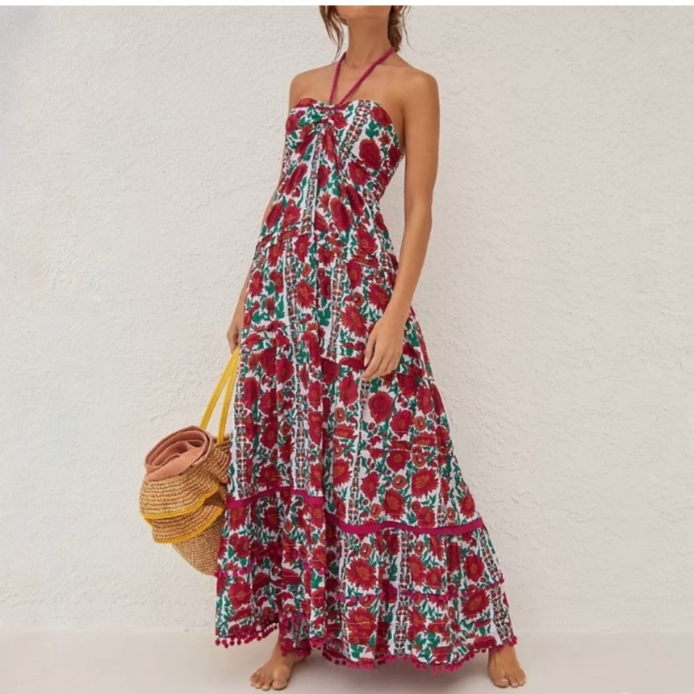 Anthropologie Red and White Smocked Halter Maxi Dress - Picture 2 of 8